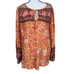 UMGEE Orange Floral Fall Print Long Sleeve Tie Neck Blouse‎ Women's Size L
